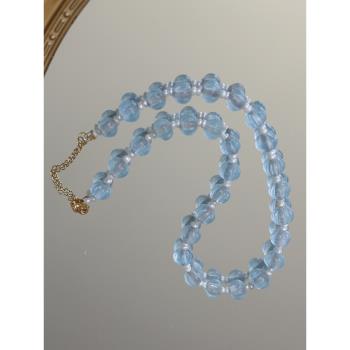 Auw歐美中古高級小香風海藍寶水藍色老琉璃新中式珍珠項鏈vintage