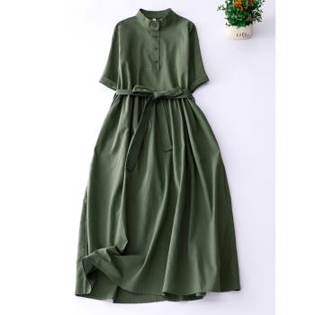 文藝復古綠色棉麻短袖連衣裙女夏季顯瘦系帶純色氣質旅行亞麻長裙