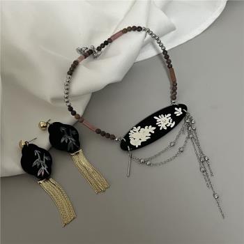新中式螺鈿項鏈耳環復古貝殼流蘇鏈條重工雙層鎖骨鏈個性旗袍搭配