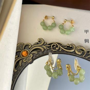新中式復古國風古風和田玉翡翠耳扣小巧氣質名媛鍍14k金陽綠耳釘