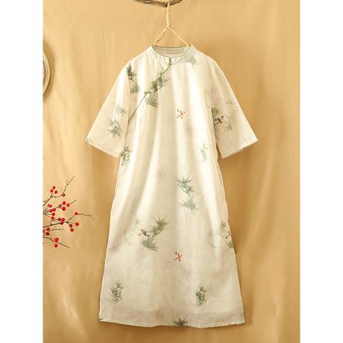 中國風棉麻印花改良旗袍裙子大碼女裝復古斜襟半袖亞麻雙層連衣裙