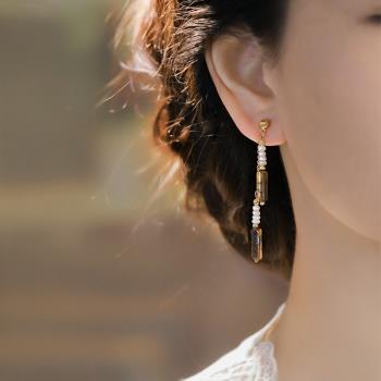 新中式古風設計感節節高虎眼石竹子耳釘民族風珍珠耳環百搭耳飾女
