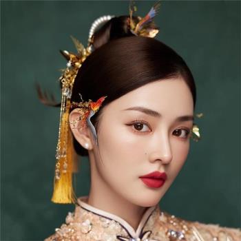 2022新款中式秀禾服金色旗袍馬來袿千紙鶴造型對夾長流蘇新娘頭飾