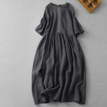 日系女裝夏季2023新款大碼復古學院風棉麻亞麻短袖寬松氣質連衣裙
