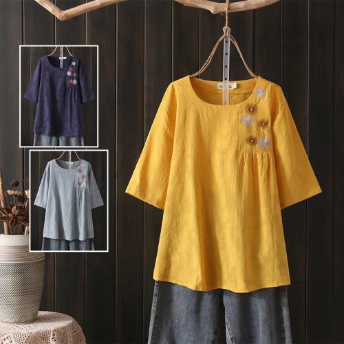 提花刺繡大碼女裝夏季胖媽媽中老年奶奶裝上衣寬松顯瘦棉麻T恤