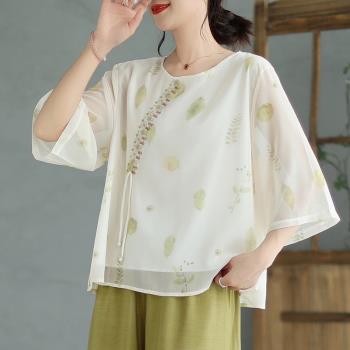 中國風復古苧麻刺繡七分袖上衣女夏寬松顯瘦改良茶服棉麻印花上衣