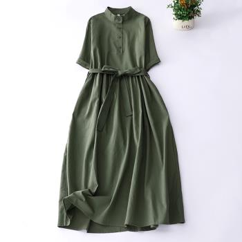 夏季新款進口亞麻文藝復古旅行長款連衣裙高腰腰帶立領綠色裙子