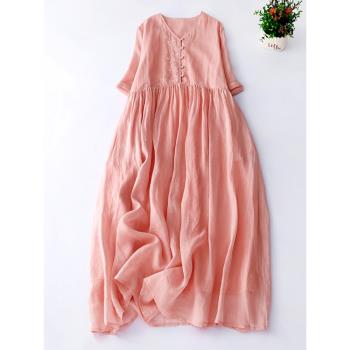 文藝大碼雙層棉麻刺繡連衣裙女夏季純色寬松氣質顯瘦大擺亞麻長裙