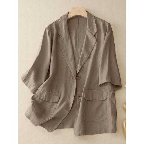 棉麻五分袖西裝外套女夏天薄款文藝休閑純色開衫防曬西服寬松上衣