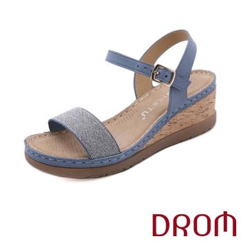 【DROM】涼鞋 坡跟涼鞋/歐美經典閃耀亮絲一字輕量厚底坡跟涼鞋 藍