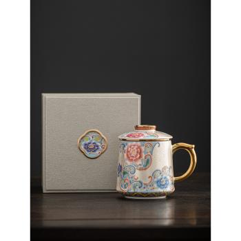 高檔純銀掐絲琺瑯彩泡茶杯個人專用陶瓷茶水分離帶蓋辦公室辦公杯