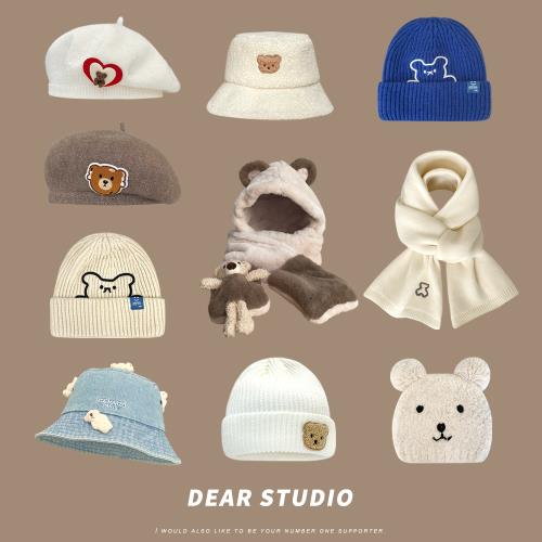 日系甜美可愛小熊系列帽子女秋冬季學生保暖百搭情侶圍巾貝雷帽潮