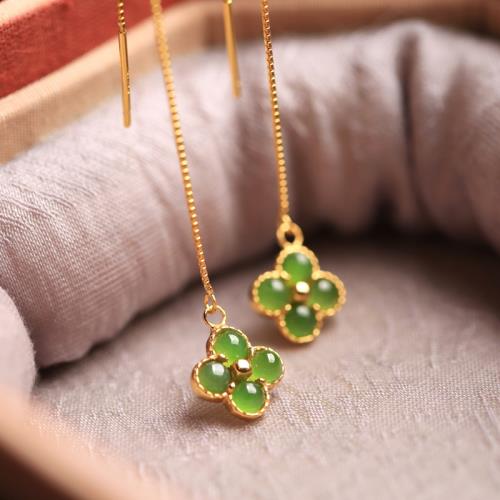 和田玉碧玉純銀四葉草流蘇耳線女新中式天然南紅耳釘耳飾耳墜耳環