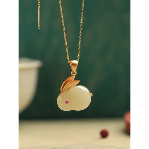 小銀匠純銀和田玉兔子吊墜新中式國風玉兔金鑲玉鎖骨鏈玉石項鏈女