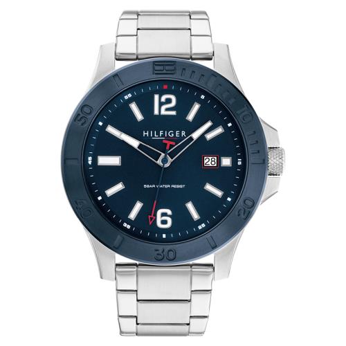 【Tommy Hilfiger】運動風 大錶面 1791994 數字 鋼錶帶 日期男錶 46mm 藍/銀