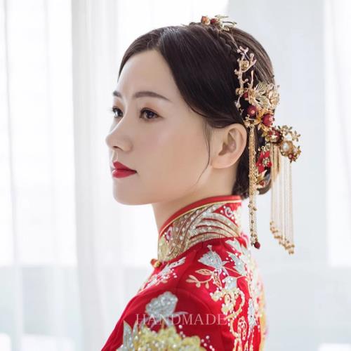 新娘秀禾頭飾服頭飾紅色簡約新款中式結婚古裝大氣高級古代發飾品