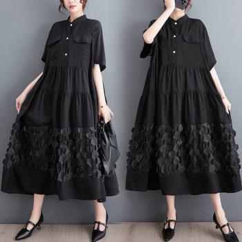 2023夏季新款文藝純黑色拼接寬松大版襯衫裙時尚POLO領連衣裙子