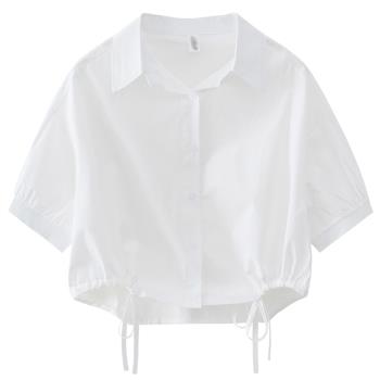 夏季POLO領短袖襯衫女設計感小眾白色襯衣時尚抽繩小個子短款上衣