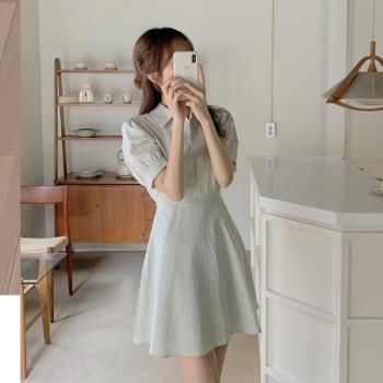 韓國chic夏季法式小眾設計感純色減齡簡約氣質收腰顯瘦連衣裙女
