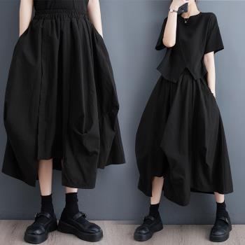 2023夏新款黑色百搭薄款裙子不規則設計感小眾半身裙顯瘦大碼女裝