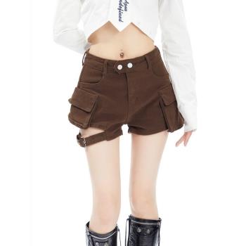 美式復古工裝牛仔短褲女夏季2023新款小眾設計感大口袋休閑短裙