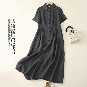 高級感純色氣質棉麻連衣裙女夏短袖2023新款韓版設計感小眾襯衫裙