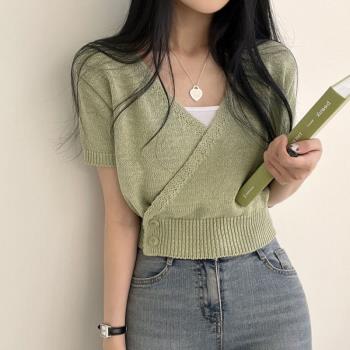 韓國chic夏季新款小清新洋氣減齡百搭V領上衣交叉短袖針織衫女