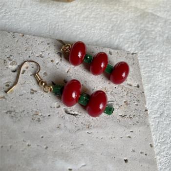 新中式氣質燈籠小櫻桃不對稱紅綠撞色串珠耳飾民族風耳夾耳飾