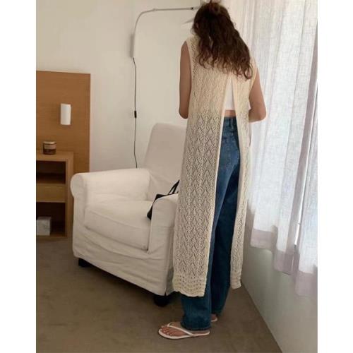 預購【ACheter】日系夏日通勤休閒空調外搭長衫開叉針織鏤空罩衫疊穿氛圍感背心長裙 # 116971(4色)