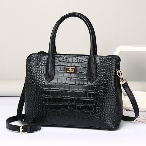 【伊卡柔Ikary】時尚單肩真皮鱷魚紋手提女包(6055黑色)