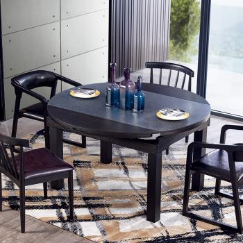 簡約現代餐桌椅組合火燒石玻璃伸縮功能實木圓桌北歐餐臺一桌六椅