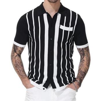 歐美夏季條紋男士短袖商務針織衫