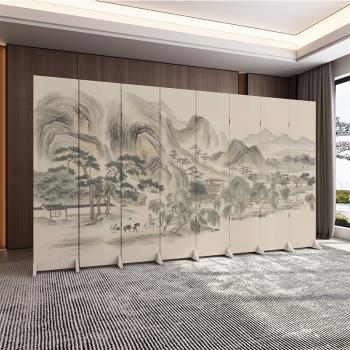 新中式山水包邊屏風隔斷可折疊移動客廳酒店背景墻不透油畫布折屏