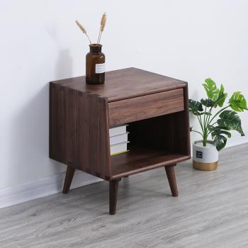 北歐黑胡桃木床頭柜現代簡約實木床邊柜日式原木橡木臥室簡單設計