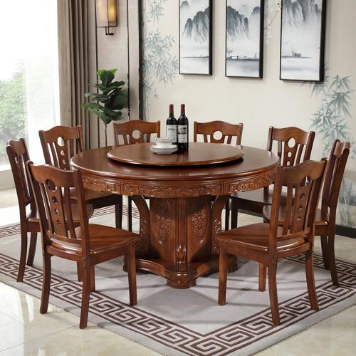 新中式實木餐桌圓桌轉盤家用吃飯桌子10人12人圓形酒店餐桌椅組合