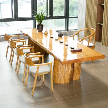 純實木茶幾整板自然邊大板桌原木新中式長桌復古不規則茶桌椅組合