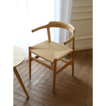 原木日式椅子家用成人帶扶手餐椅 北歐設計實木休閑椅 新中式茶椅