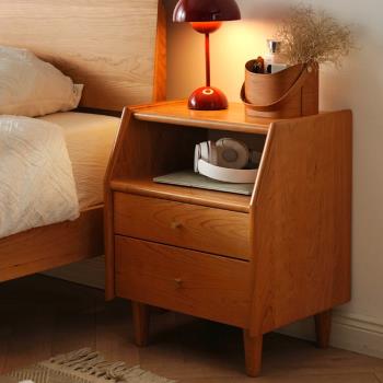 北歐日式櫻桃木全實木床頭柜雙抽臥室小戶型儲物柜現代簡約床邊柜