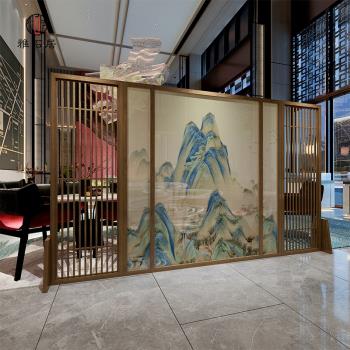 新中式實木山水屏風隔斷千里江山圖客廳酒店餐廳別墅大堂移動座屏