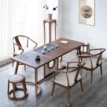 新中式禪意茶桌椅組合老榆木現代簡約黑胡桃木帶茶盤實木功夫茶臺