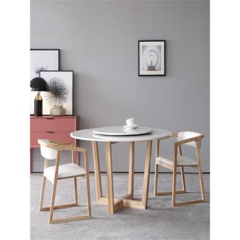 北歐原實木大理石餐桌帶轉盤現代簡約家用小戶型圓形巖板桌椅組合