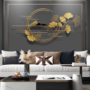 新中式山水鈦金壁飾客廳電視沙發背景墻面裝飾掛件銀杏葉鐵藝壁掛