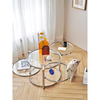 北歐小戶型茶幾旋轉鋼化玻璃透明圓形網紅創意不銹鋼客廳家用茶桌