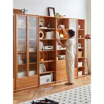小七的木頭實木書柜日式家用櫻桃木落地書架新中式帶玻璃門展示柜