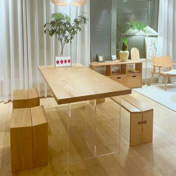 北歐輕奢亞克力懸空白蠟木餐桌現代簡約設計師巖板工作臺家用家具