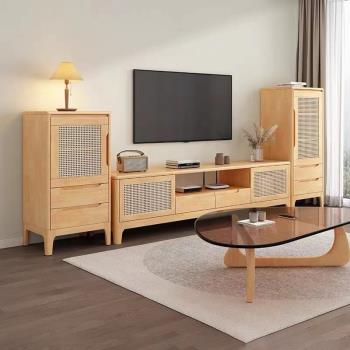 藤編實木電視柜茶幾組合簡約現代小戶型北歐日式客廳地柜電視機柜