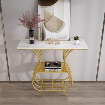 新中式玄關置物架雙層現代簡約輕奢大理石靠墻裝飾金色桌子條案