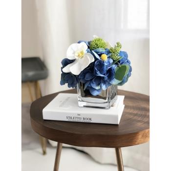 藍色繡球蝴蝶蘭仿真花玻璃瓶套裝組合餐桌樣板間茶幾假花絹花臥室