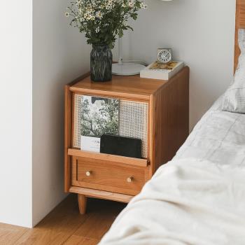床頭柜現代簡約儲物柜藤編北歐臥室收納柜小型多功能實木沙發邊柜
