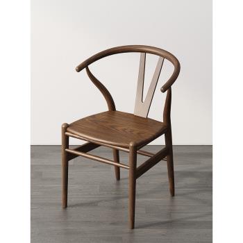 新中式實木y字椅北歐家用設計洽談茶室靠背太師椅原木成人餐椅子